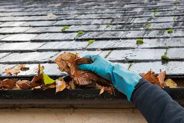 a person cleaning out a gutter.