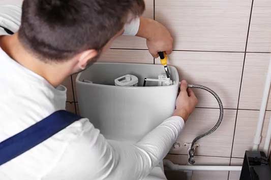 a person fixing a leaking shut off valve on their toilet.