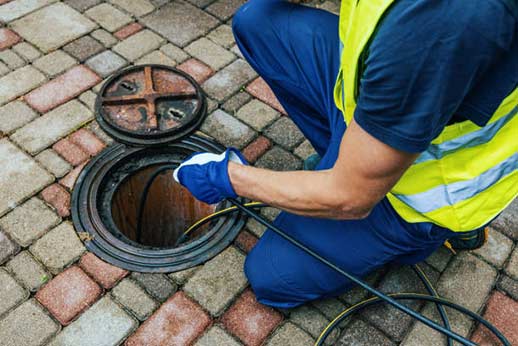 a plumber providing a customer with sewer line maintenance.