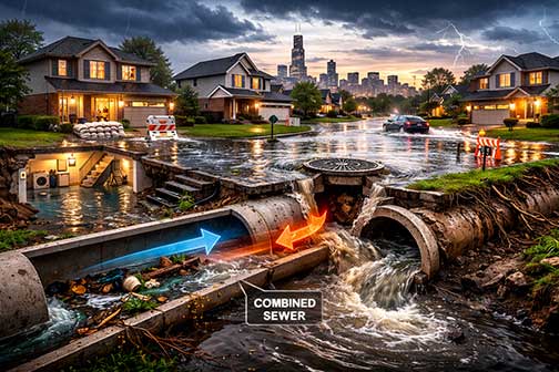 suburban flooding with storm overflow